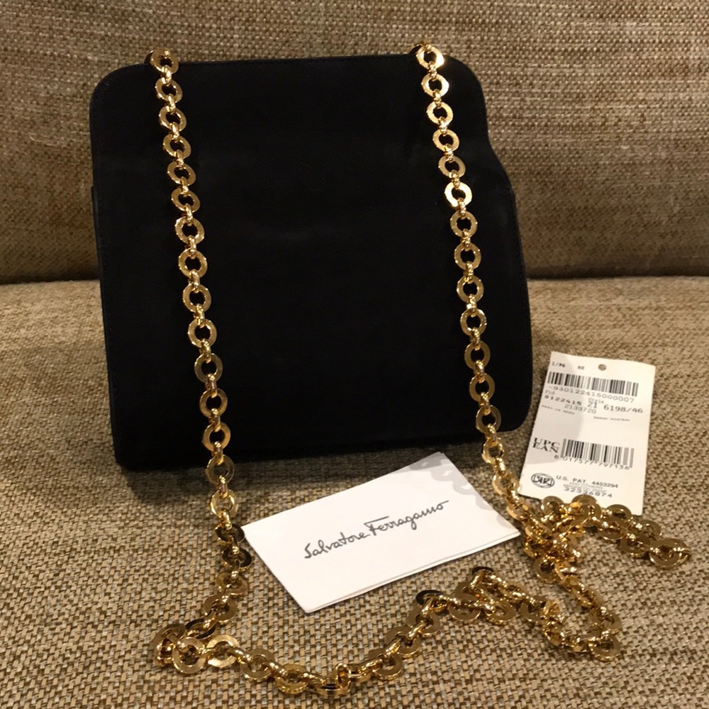 Vintage Never Worn Black Suede Bag with Gold Chain Strap with Card